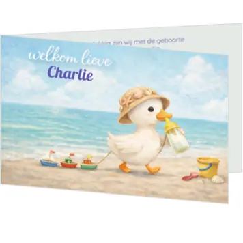 Zomers strand geboortekaartje met eendje en bootjes