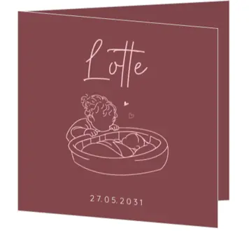Lief geboortekaartje met zus en baby in mandje minimalistische lijntekening