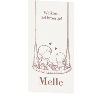 Lief geboortekaartje met broertjes op schommel lijntekening