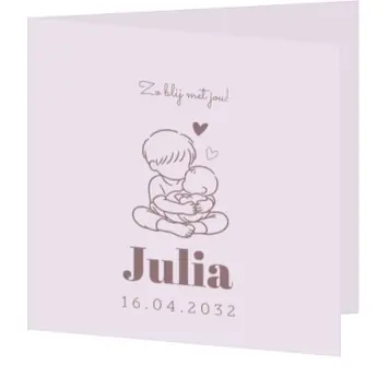 Lief geboortekaartje lijntekening met knuffelende broer en baby zusje