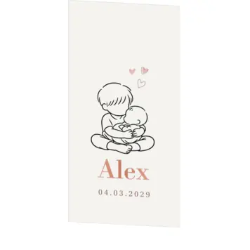 unisex geboortekaartje lijntekening in koperfolie met knuffelende broer en baby broertje zusje