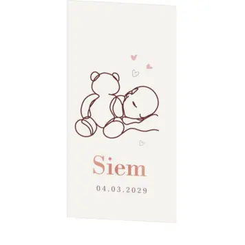 Lief minimalistisch geboortekaartje met lijntekening slapende baby met teddybeer