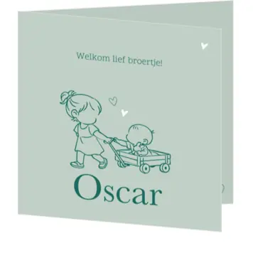 Lief geboortekaartje met lijntekening van grote zus met babybroertje in bolderkar