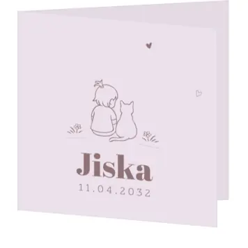 Lief geboortekaartje met lijntekening voor een meisje met kat