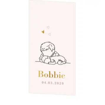 Lief geboortekaartje met lijntekening van broer die zijn babybroertje een kus geeft