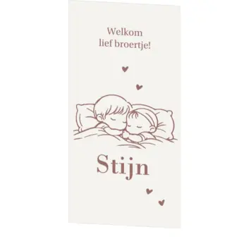 Lief geboortekaartje met minimalistische lijntekening van slapende broertjes