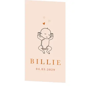Lief minimalistisch geboortekaartje met slapende baby in koperfolie lijntekening