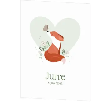Lief geboortekaartje voor een jongen vosje en vlinder