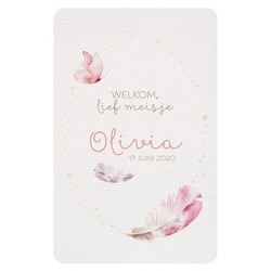Olivia - Modern geboortekaartje in 'Bohemian Style' met veermotief en hartjes