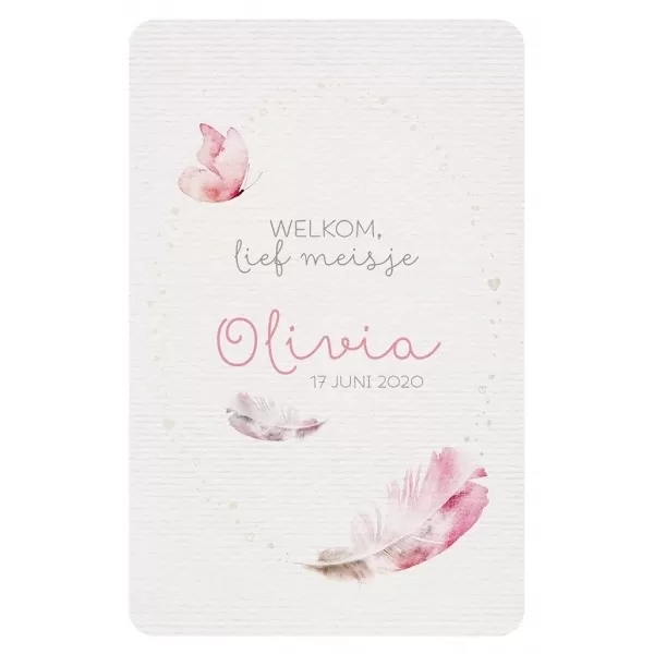 Olivia - Modern geboortekaartje in 'Bohemian Style' met veermotief en hartjes