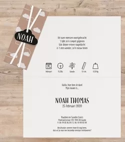 Noah - Lief geboortekaartje met wikkel en label in de vorm van wolkje