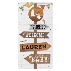 Lauren - Vrolijk geboortekaartje met splitpen en diverse labels