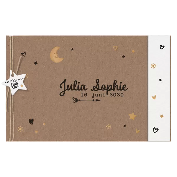 Julia Sophie - Trendy geboortekaartje met uittrekbaar inlegvel en touwtje met labeltjes