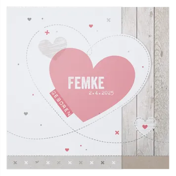 Femke - Stoere uittrekkaart voor meisje met steigerhout en hartjes