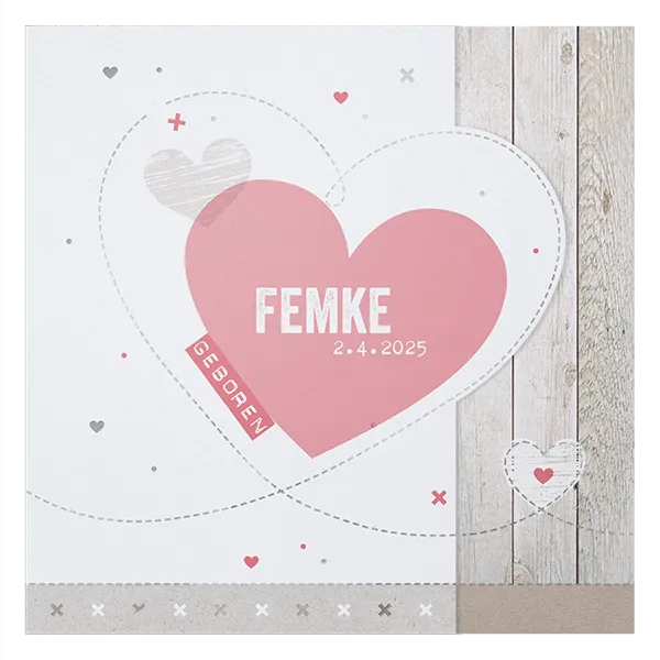 Femke - Stoere uittrekkaart voor meisje met steigerhout en hartjes