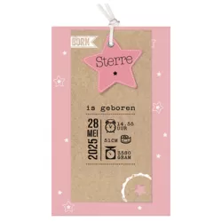Sterre - Stoer roze geboortekaartje met sterren en labeltje