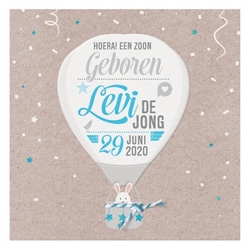Levi - Lieflijk geboortekaartje met stoere luchtballon en blauw/wit touwtje