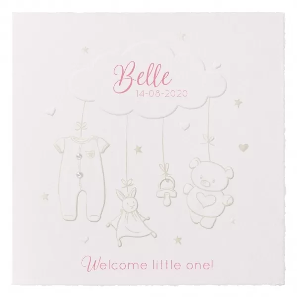 Belle - Lieflijk geboortekaartje op handgeschept papier met illustraties in relief