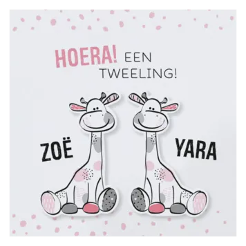 Zoë Yara - Drieluik geboortekaartje met girafjes tweeling