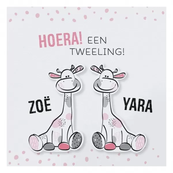 Zoë Yara - Drieluik geboortekaartje met girafjes tweeling
