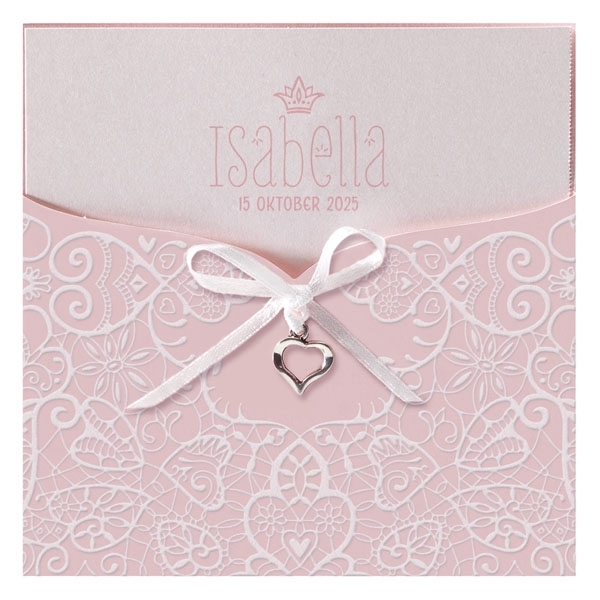 Isabella - Luxe geboortekaartje in sierlijk hoesje met bedel