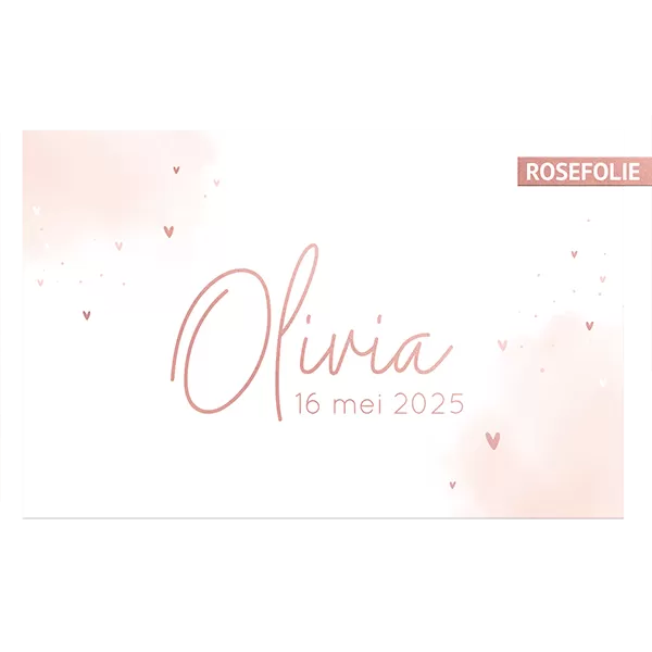 Geboortekaartje Olivia - Waterverf roze met rosefolie