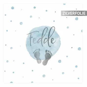 Geboortekaartje Fedde - Waterverf voetjes blauw met zilverfolie