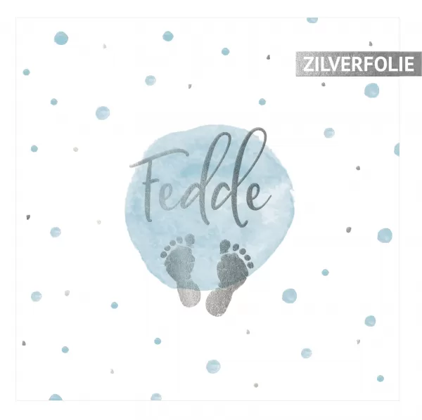 Geboortekaartje Fedde - Waterverf voetjes blauw met zilverfolie