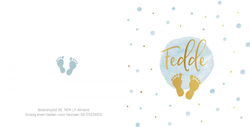 Geboortekaartje Fedde - Waterverf voetjes blauw met goudfolie