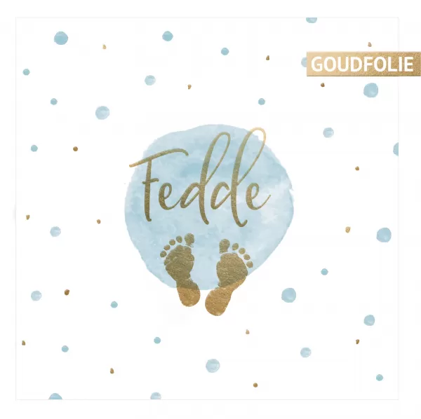 Geboortekaartje Fedde - Waterverf voetjes blauw met goudfolie