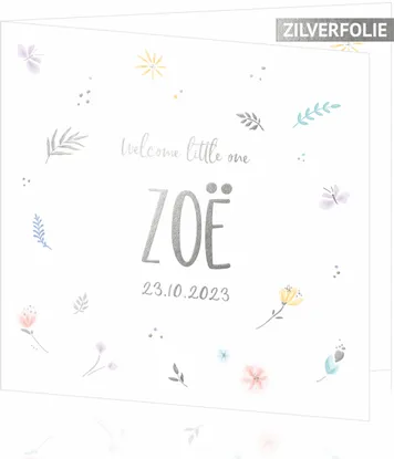 Geboortekaart Zoë - Waterverf bloemen en vlinders