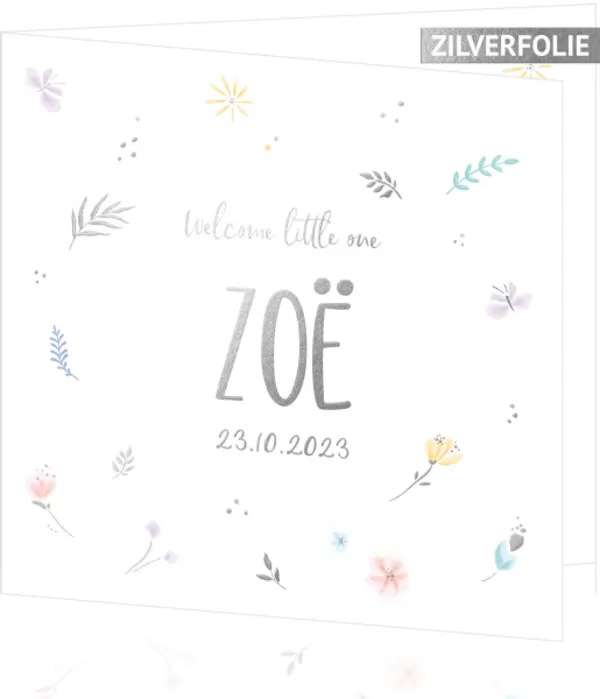 Geboortekaart Zoë - Waterverf bloemen en vlinders