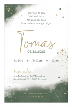 Geboortekaartje Tomas - Olijfgroen met goudfolie voorkant
