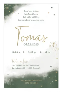 Geboortekaart Tomas - Olijfgroen met goudfolie voorkant