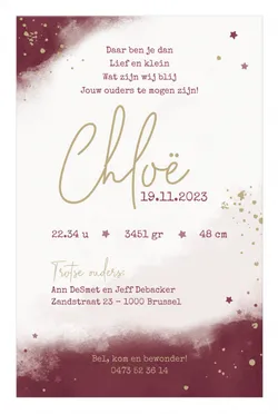 Geboortekaartje Chloë - Bordeaux rood met goudfolie voorkant