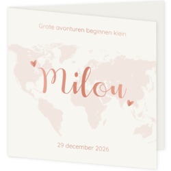 Geboortekaartje wereldkaart met naam in foliedruk