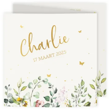 Stijlvol geboortekaartje met aquarel bloemen en foliedruk