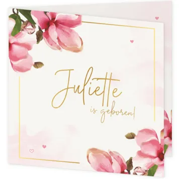 Geboortekaartje roze bloemen Juliette goudfolie