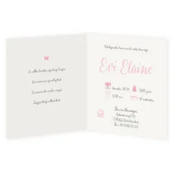 Geboortekaartje Evi met koperfolie, vlinders en hartjes