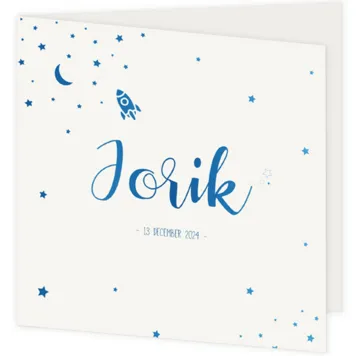 Geboortekaartje Jorik met blauwfolie, sterren en raketje