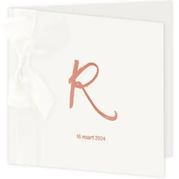 Geboortekaartje rose gouden folie letter met witte strik