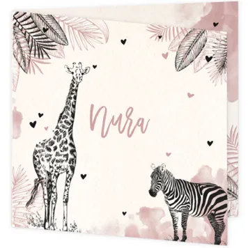 Geboortekaartje met giraf en zebra