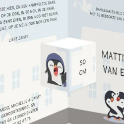 Geboortekaartje drieluik pinguin op scooter