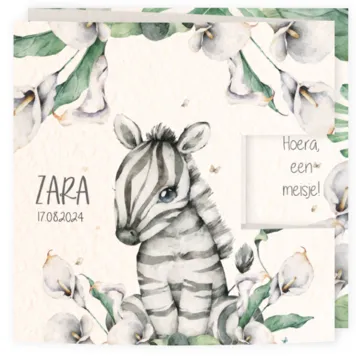 Geboortekaartje drieluik stans watercolor zebra botanisch