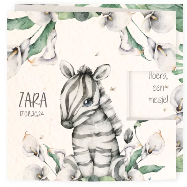 Geboortekaartje drieluik stans watercolor zebra botanisch