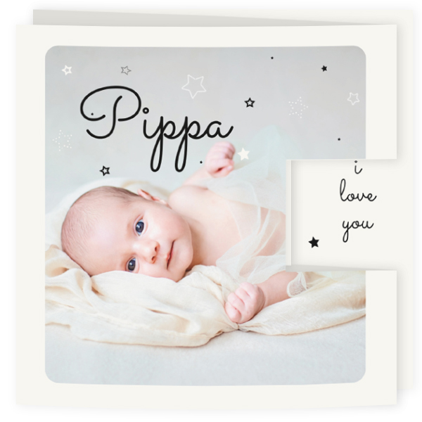 Geboortekaartje drieluik lieflijk Pippa met eigen foto