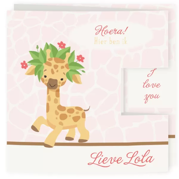 Geboortekaartje drieluik girafje met bloemetjes