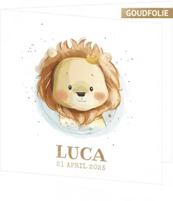 Geboortekaartje Luca - Lief leeuwtje met goudfolie