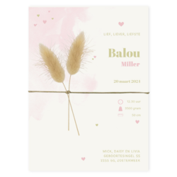 Geboortekaartje Balou roze waterverf enkel met 2 agurus droogbloemen