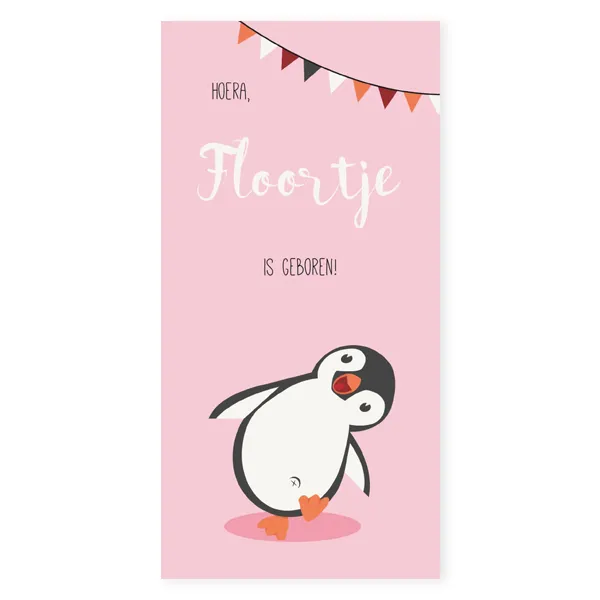Geboortekaart langwerpig pinguin Floortje blij